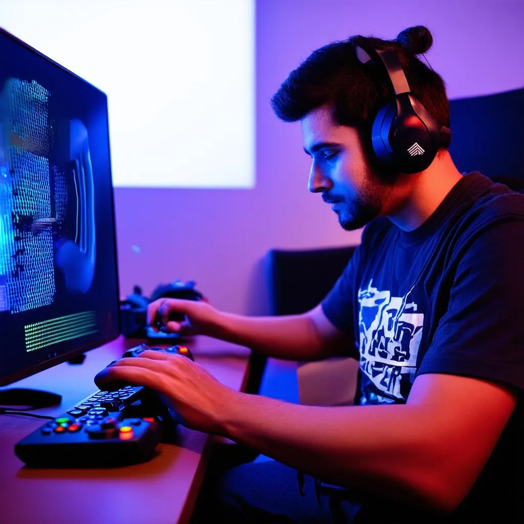 Gamer playing on mini gaming PC