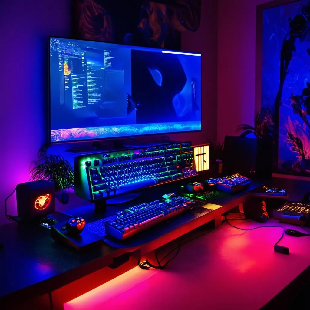 Gaming setup với ánh sáng neon