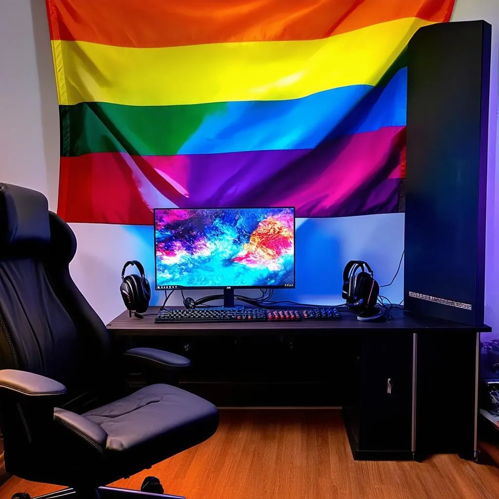 A gaming setup with a pride flag.