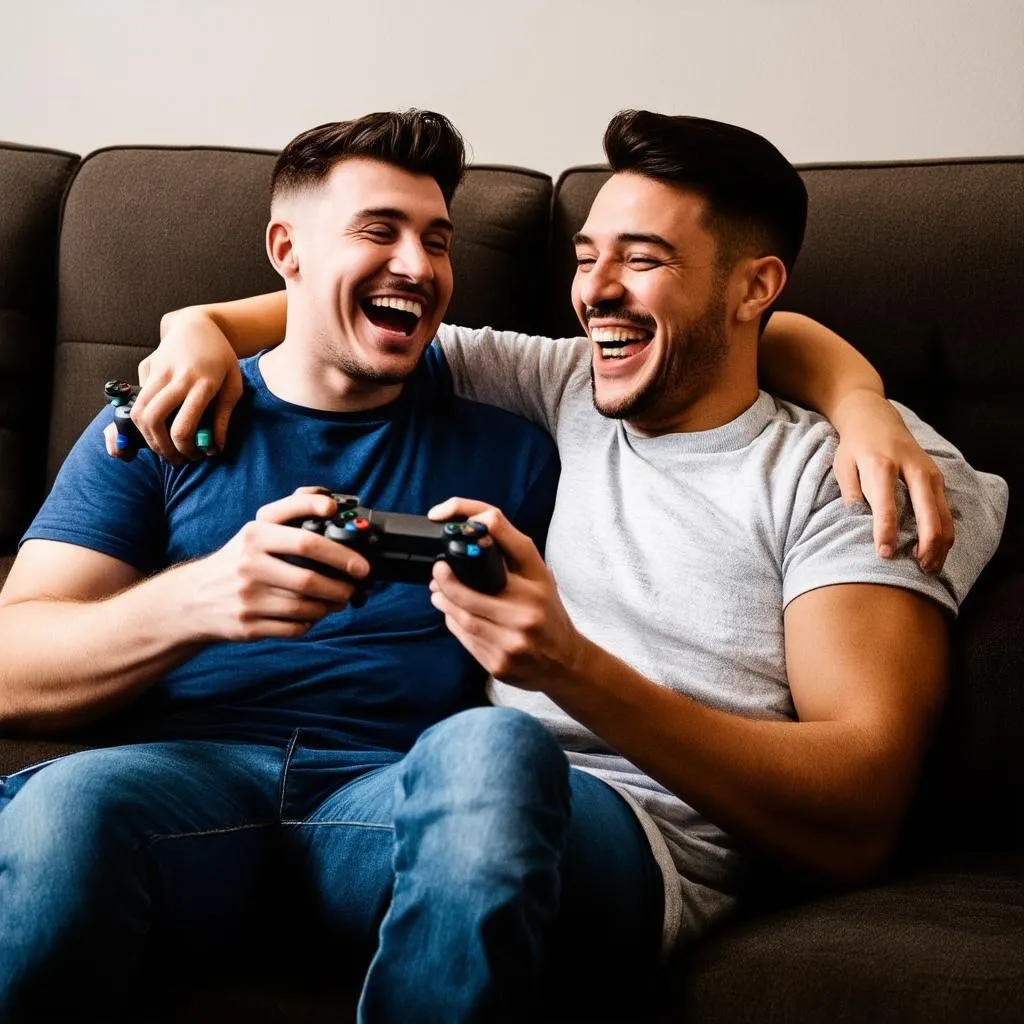 A gay couple playing video games together.