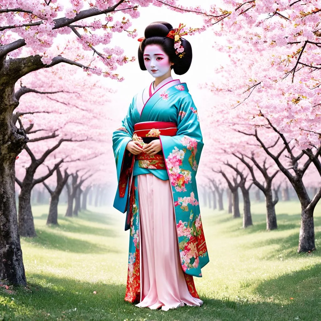 Geisha trong vườn hoa anh đào