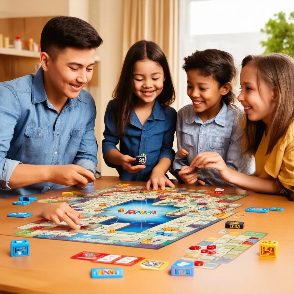 Gia đình vui vẻ chơi board game