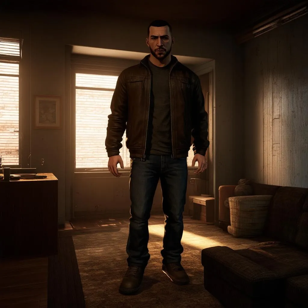 Niko Bellic đứng trong căn hộ ở GTA 4