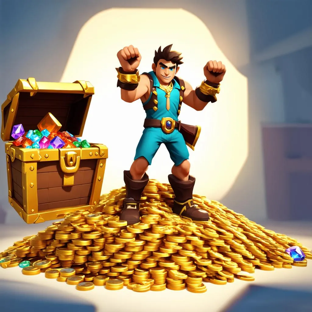 Character in a game holding a treasure chest