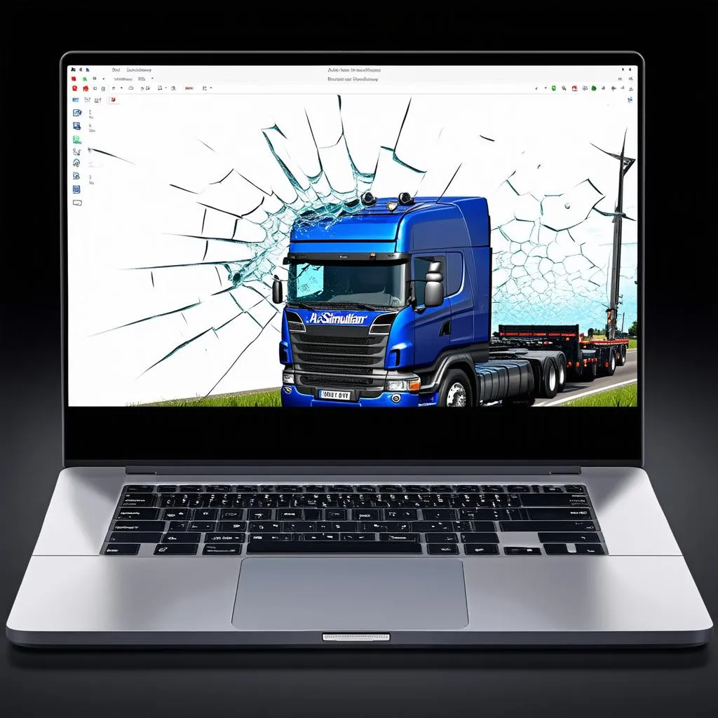 Laptop hiển thị màn hình game Truck Simulator bị lỗi