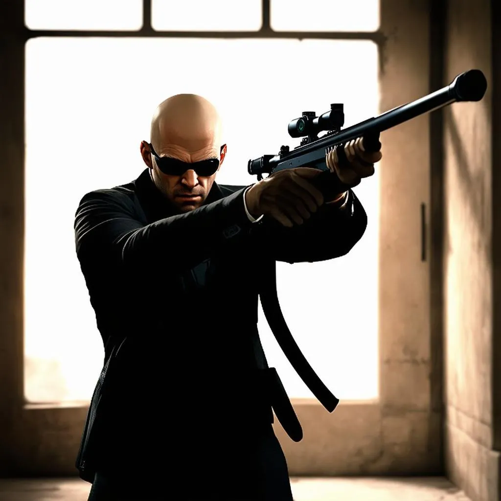 Agent 47 aiming with a sniper rifle