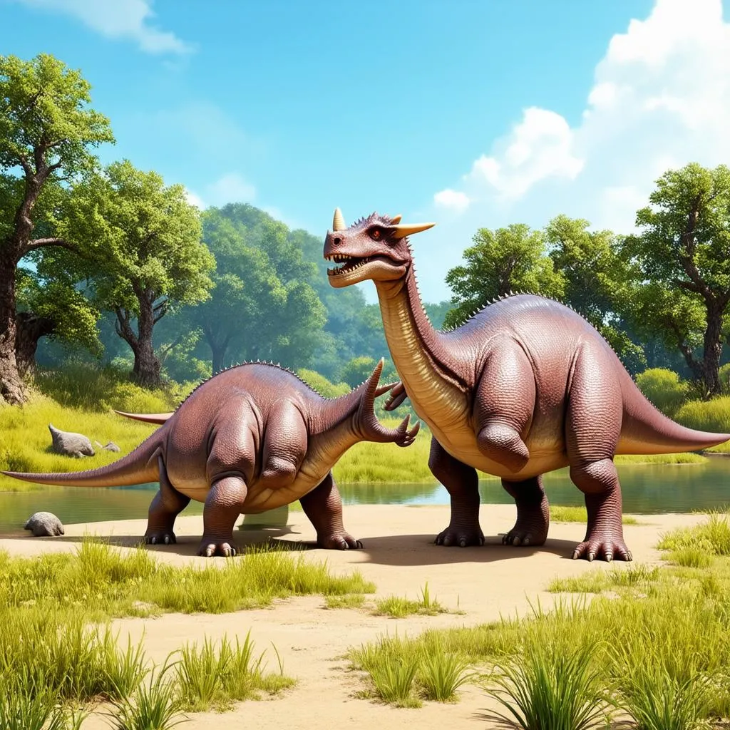 Khủng long Triceratops và Brachiosaurus bên hồ nước