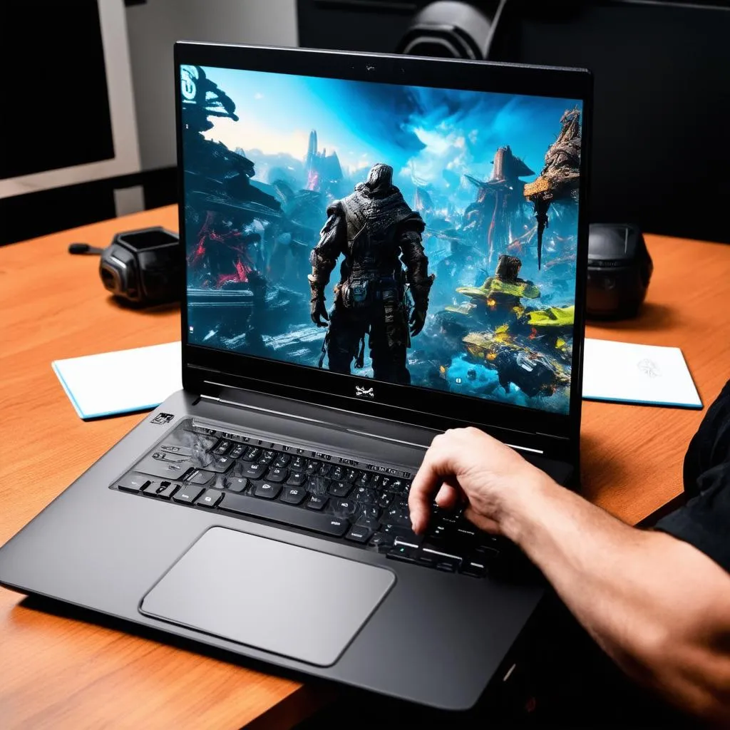 Laptop gaming trên tay người dùng