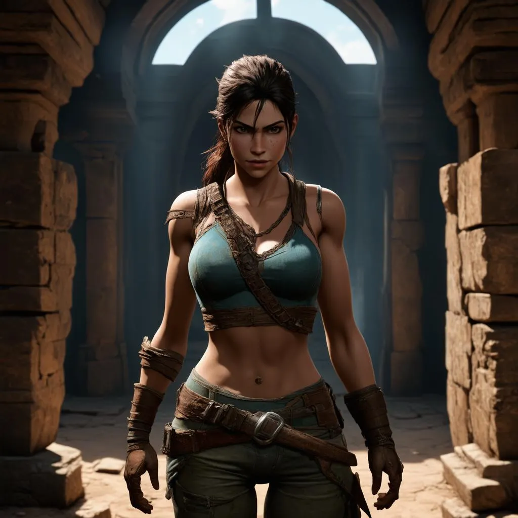 Lara Croft đứng trước ngôi mộ cổ