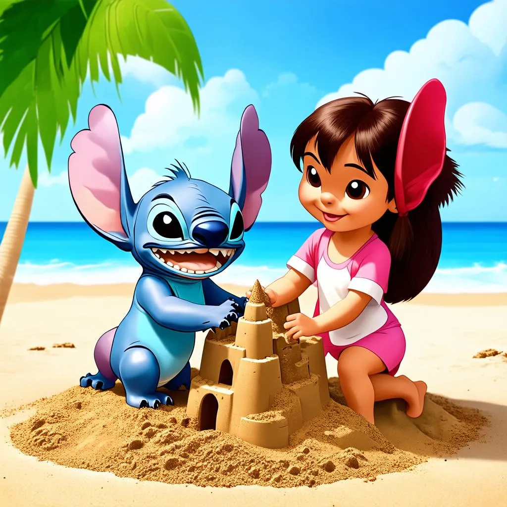 Lilo và Stitch đang xây lâu đài cát