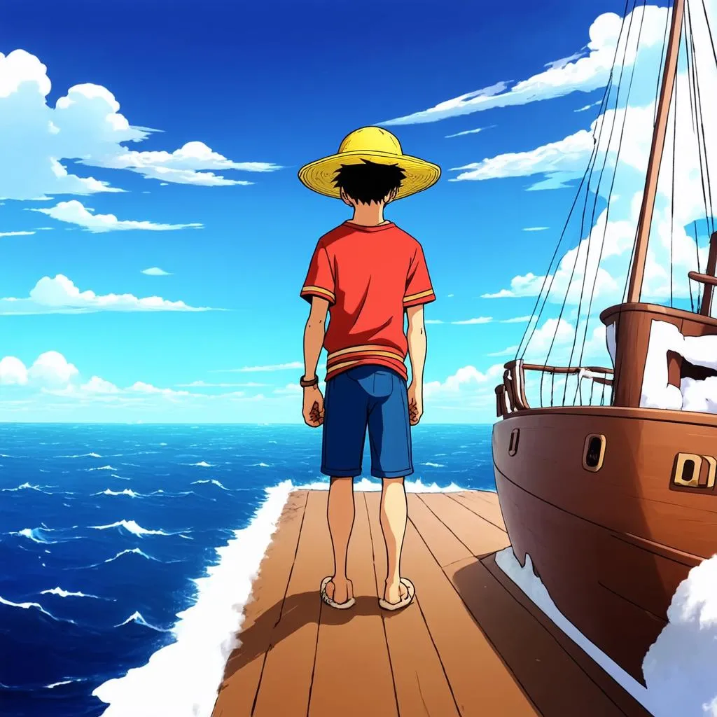 Luffy đứng trên tàu Going Merry