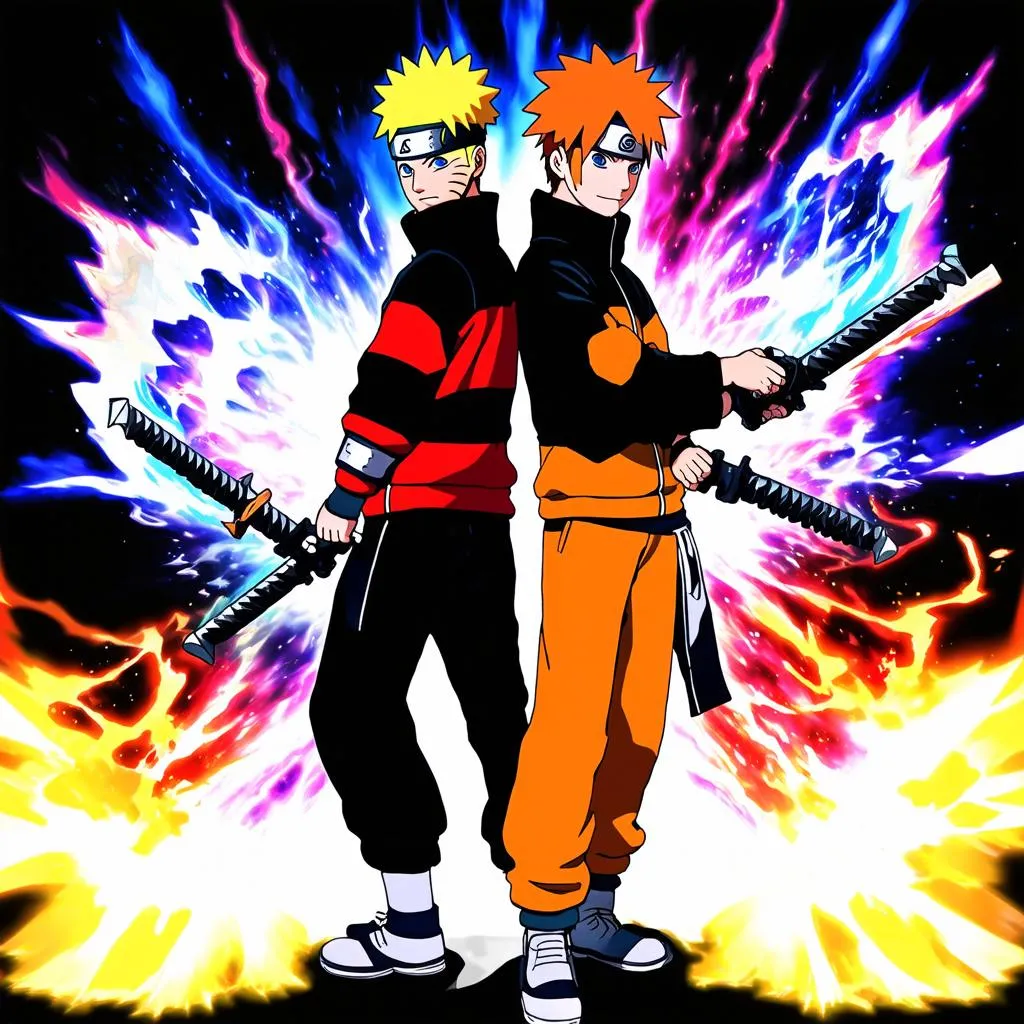 Naruto and Ichigo standing back to back, ready for battle.