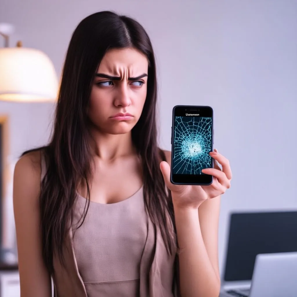 Girl looking at a phone with a confused expression, a cracked phone screen with the words "Account Suspended" on it