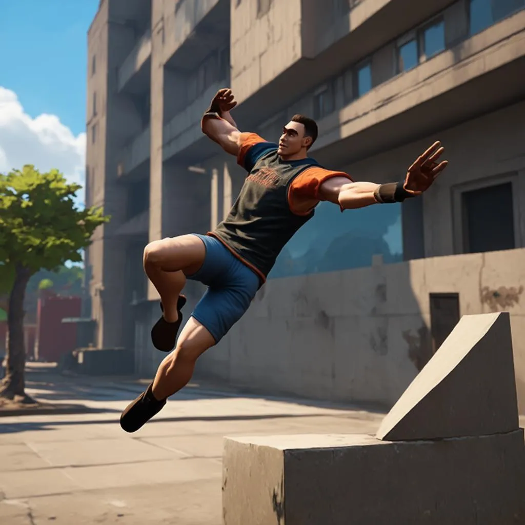 Nhân vật game đang thực hiện cú nhảy parkour