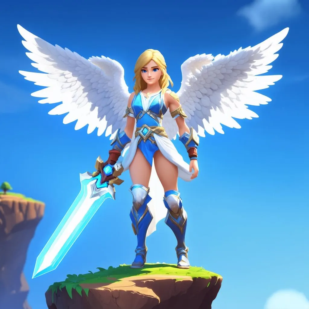 a video game character, an angel with white wings and a glowing sword