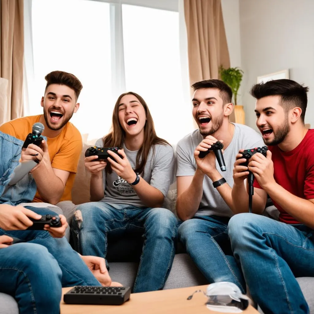 nhóm bạn trẻ vừa chơi game vừa hát karaoke