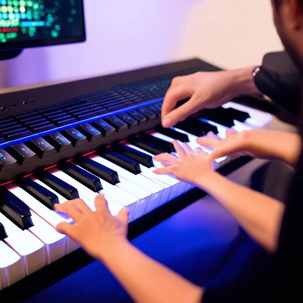 Những bàn tay đang chơi game đàn piano