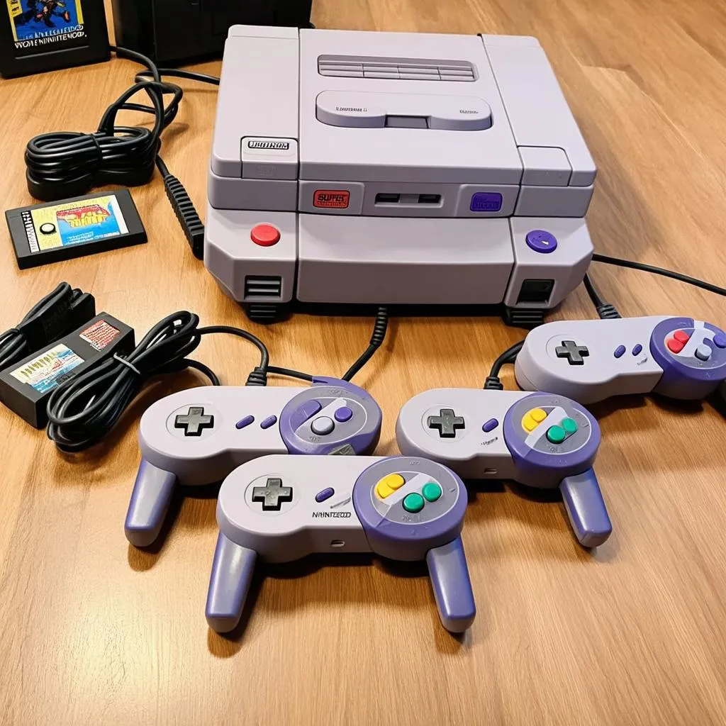 SNES game console and cartridges