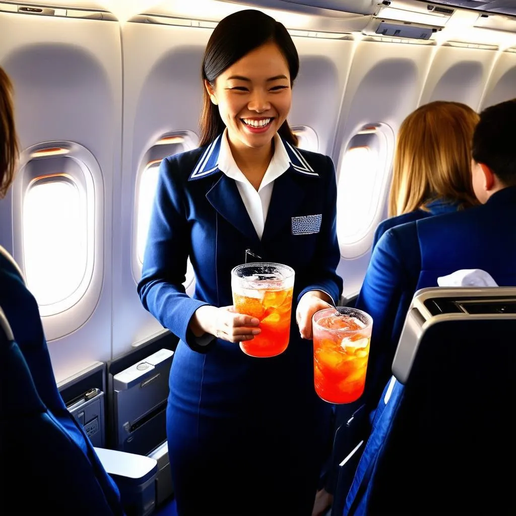 Flight attendant serving passengers