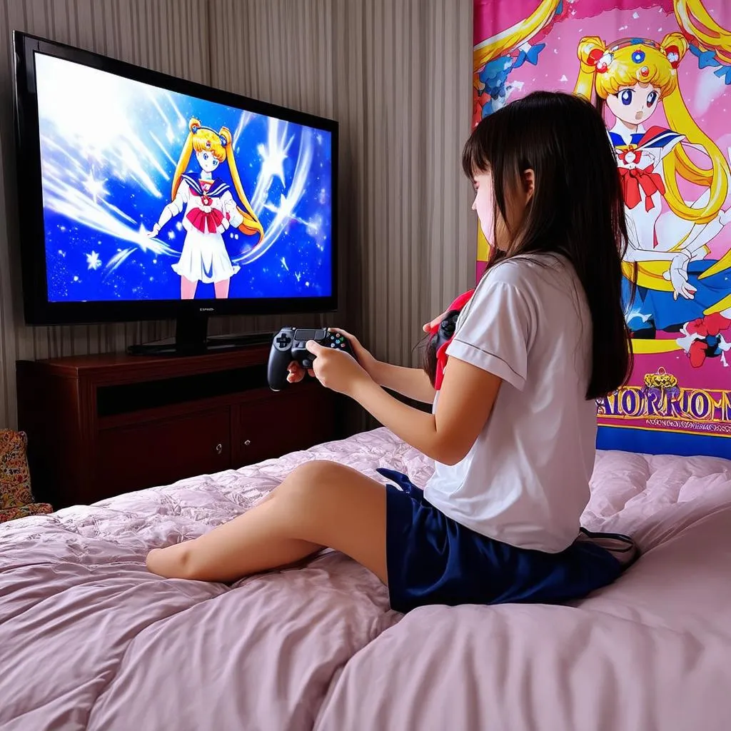 Girl playing Sailor Moon Game