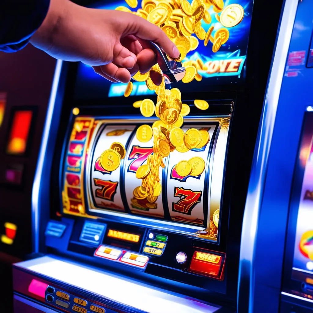 A hand pulling the lever of a slot machine with gold coins pouring out