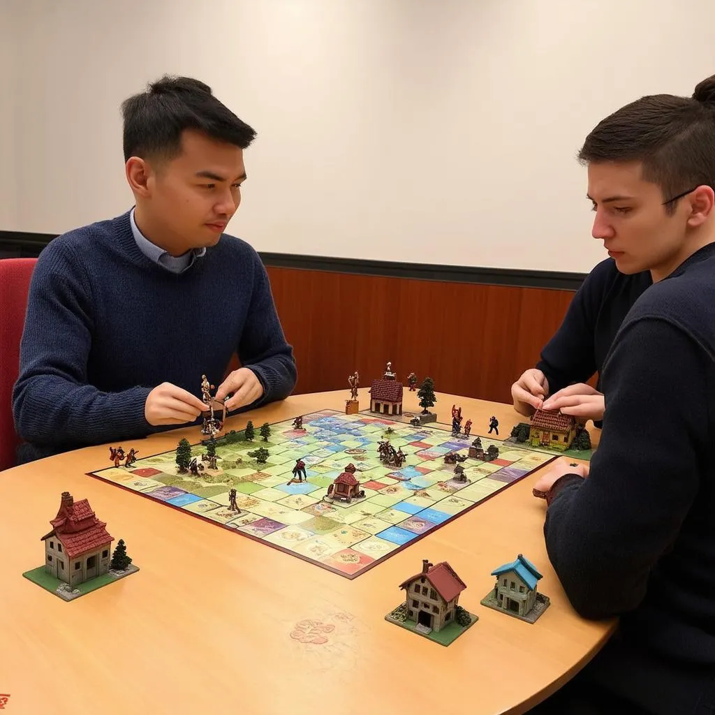 Two people playing Santorini board game