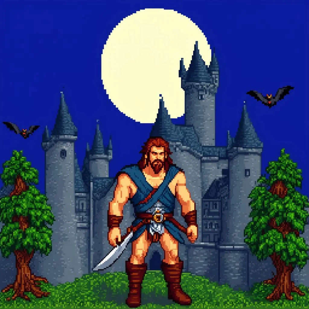 Simon Belmont đứng trước lâu đài Dracula