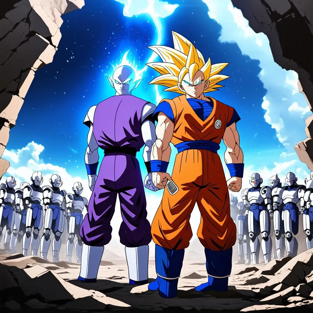 Goku and Vegeta fighting Frieza