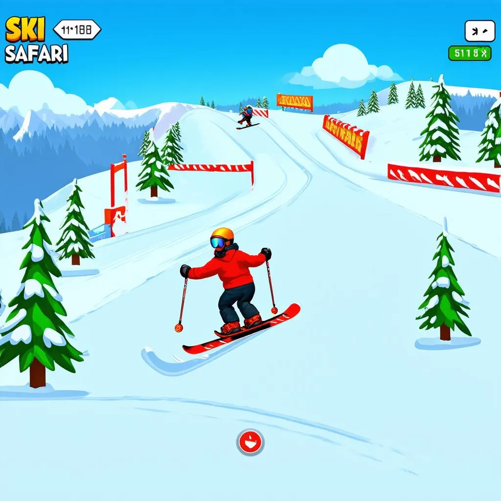 Hình ảnh gameplay của game Ski Safari với nhiều chướng ngại vật