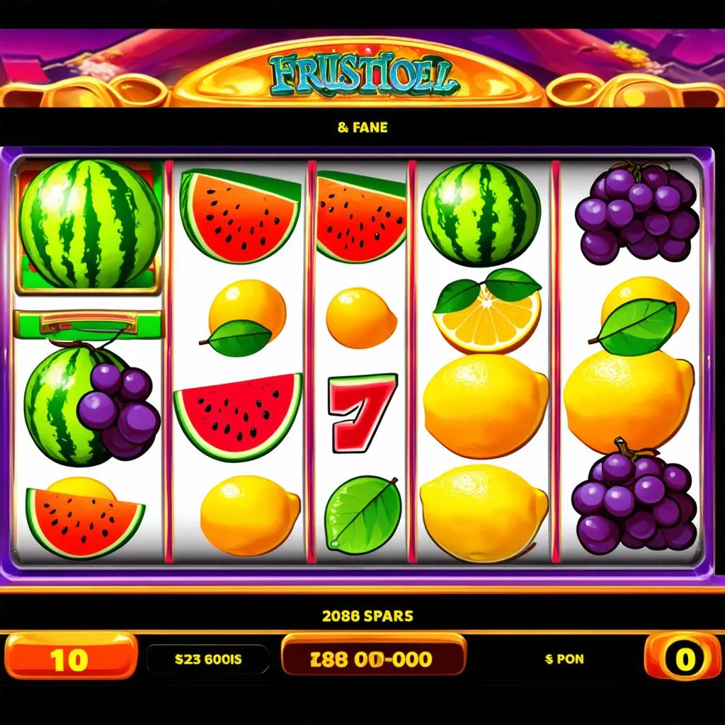 Colorful slot machine with various fruits spinning