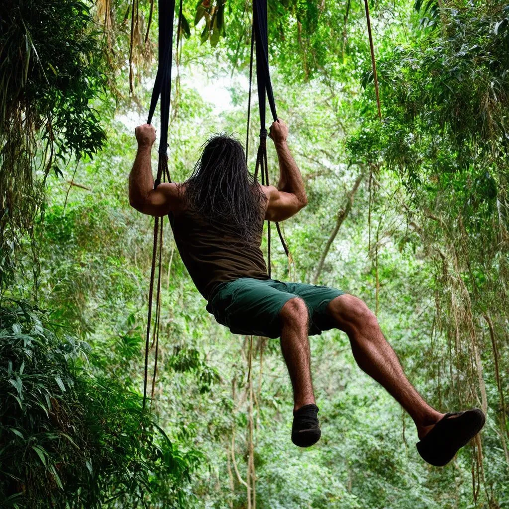 Tarzan đu dây trên nền rừng xanh