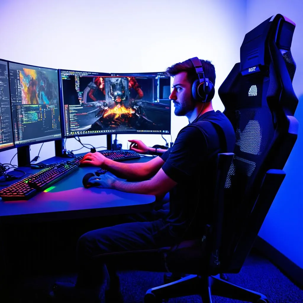 Gamer playing game with intense focus