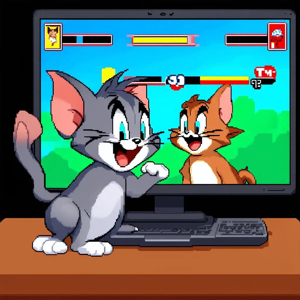 Tom and Jerry playing fighting game on computer