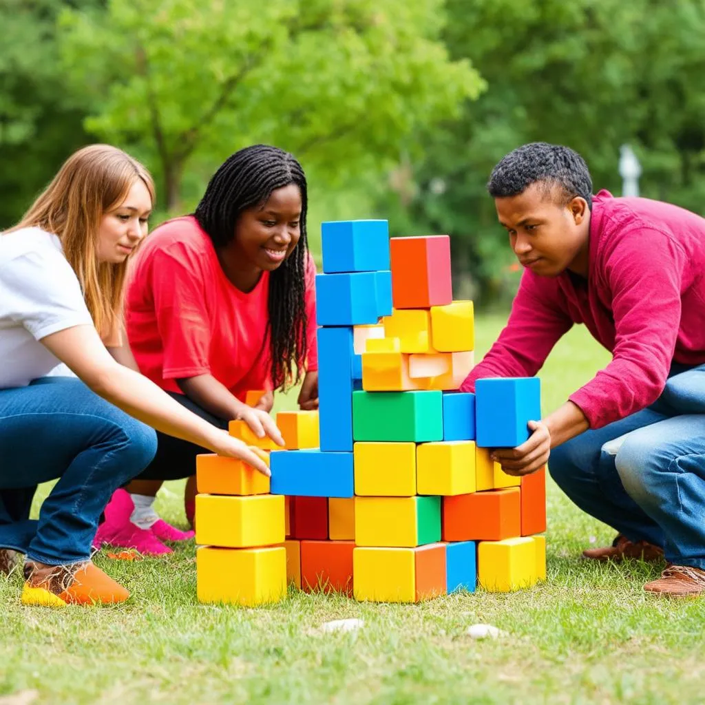 Outdoor team building games with colorful blocks