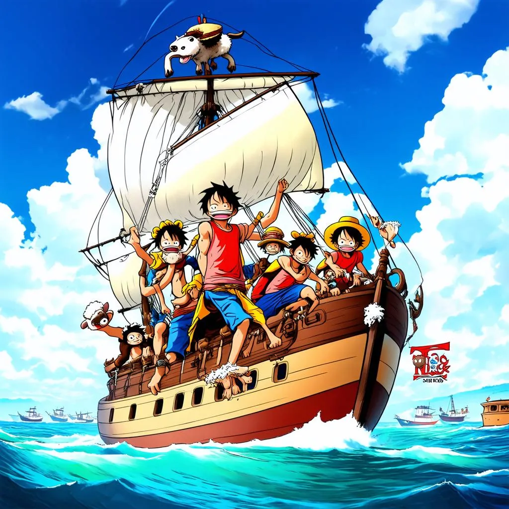 Hình ảnh Luffy và băng Mũ Rơm trên thuyền Going Merry