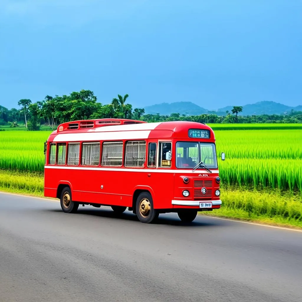 Xe buýt màu đỏ chạy trên đường quê Việt Nam