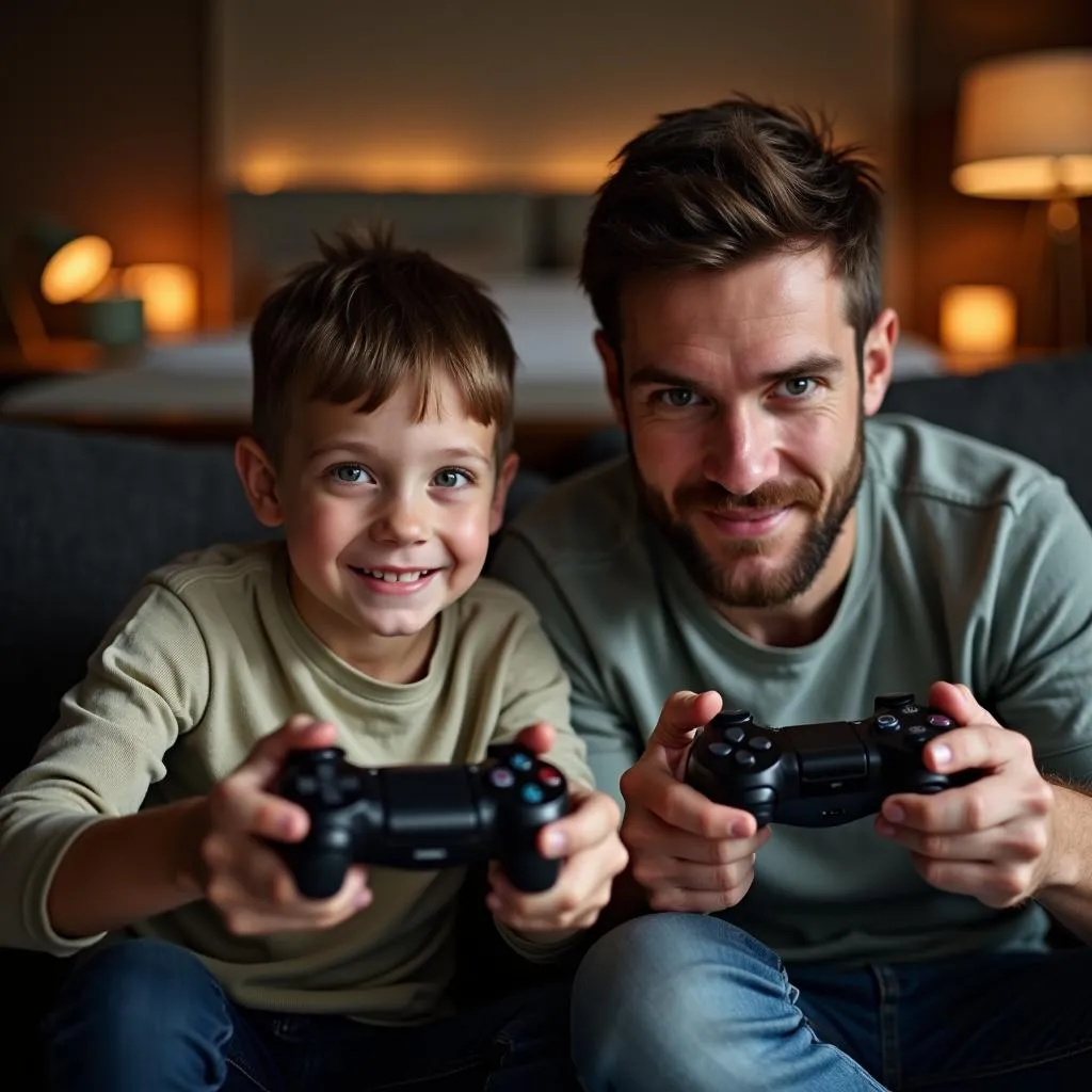 Father and son playing video games