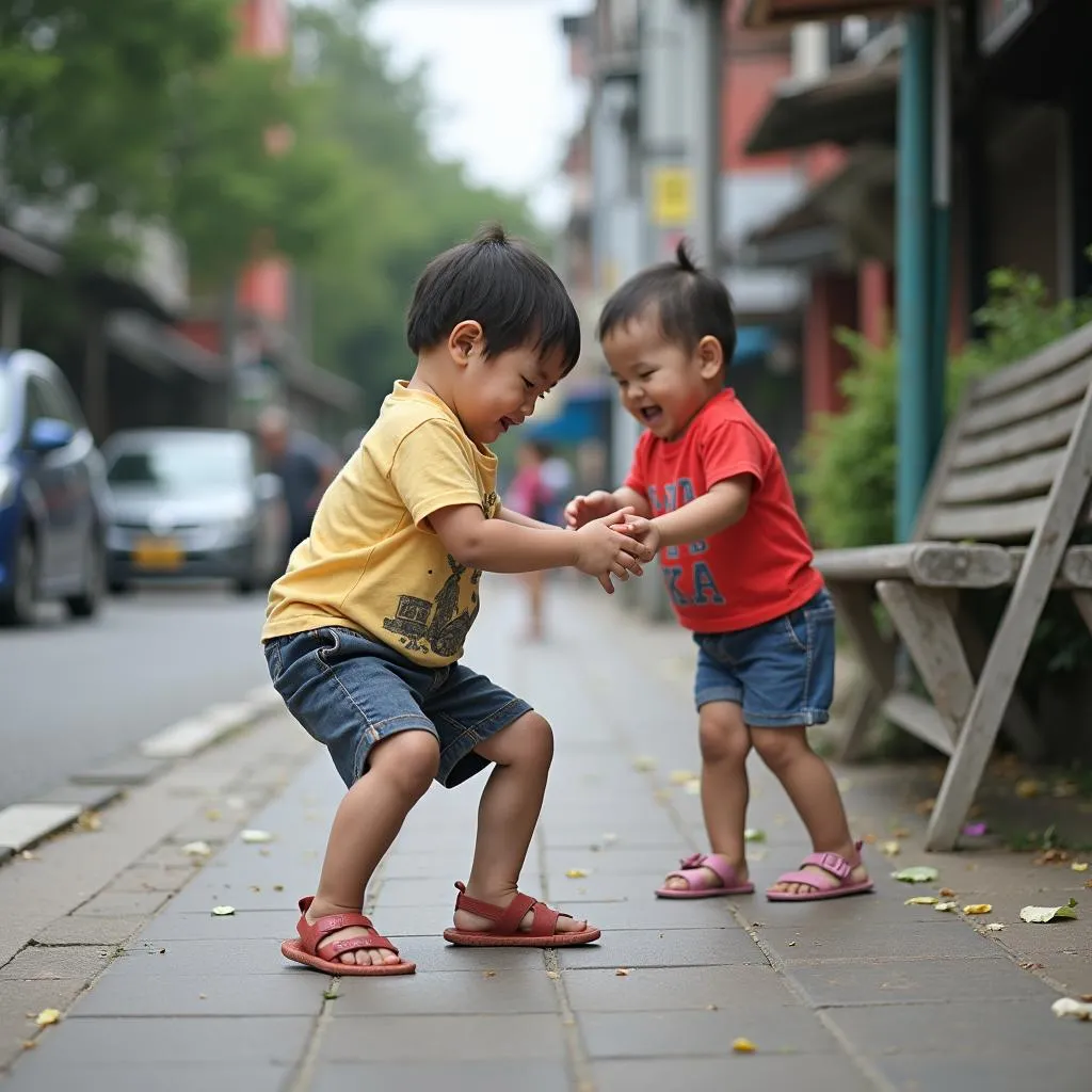 Trẻ em chơi bang địa trên vỉa hè