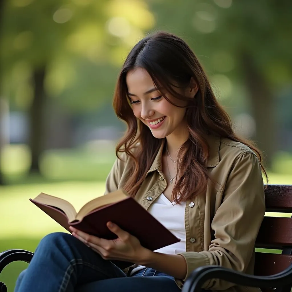 Young woman reading a book in the park