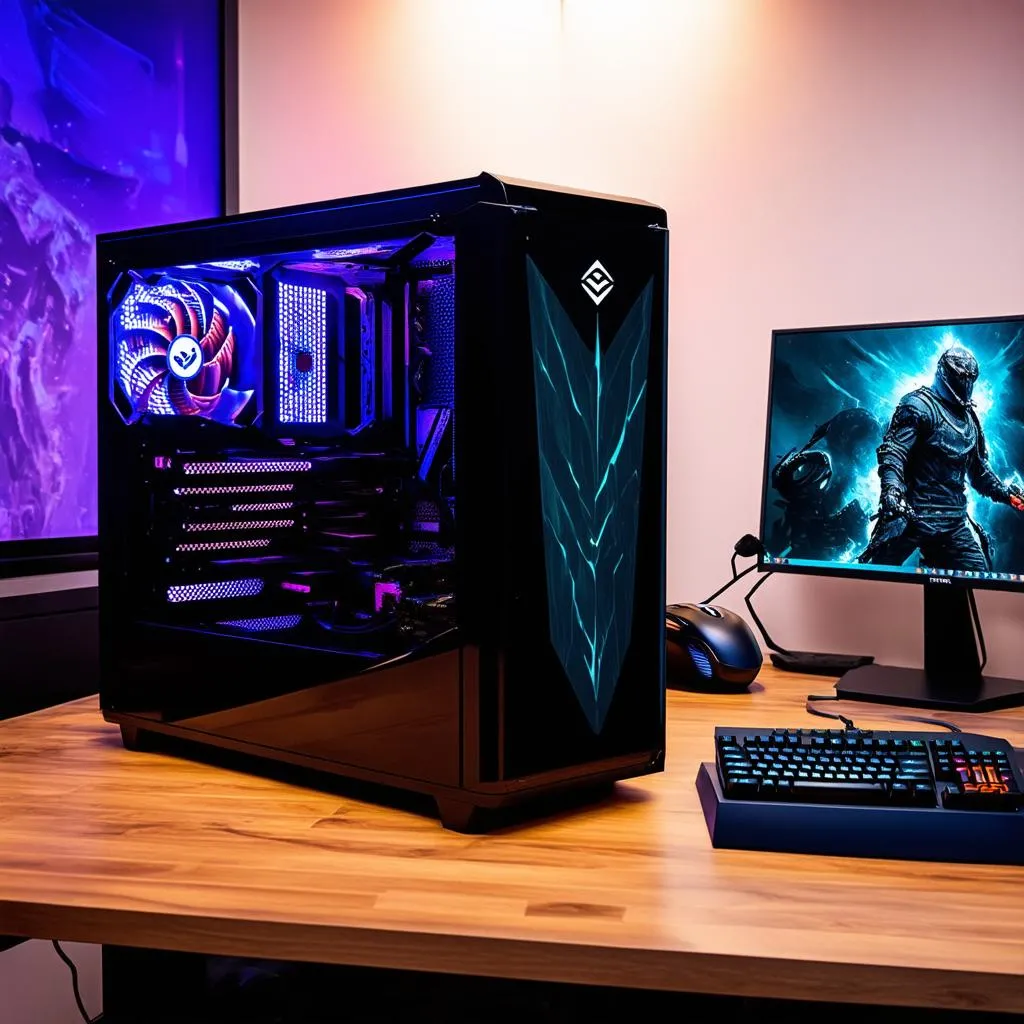 A gaming setup with a powerful NVIDIA RTX graphics card, a high-refresh-rate monitor, and a comfortable gaming chair. The system is equipped with high-end components for optimal performance in modern games.