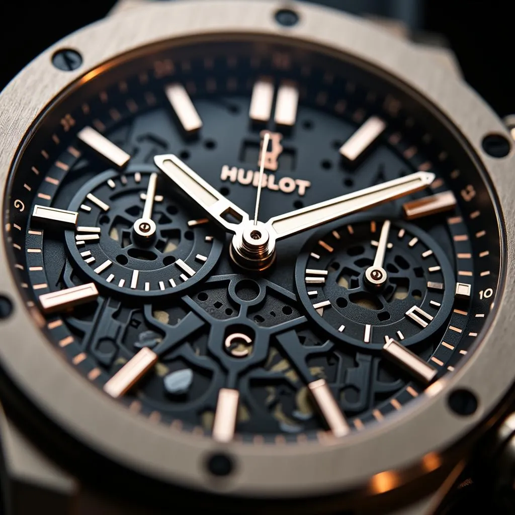 Hình ảnh cận cảnh mặt đồng hồ Hublot Big Bang Tantalum với các chi tiết kim loại được chế tác tinh xảo