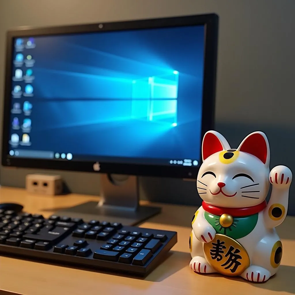 Máy tính để bàn với màn hình hiển thị giao diện Windows 8.1 và một chú mèo thần tài Maneki-neko bên cạnh