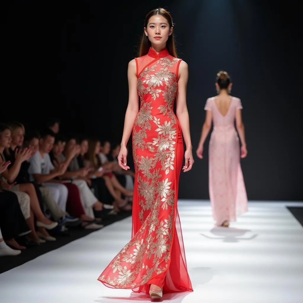 Nàng thơ trong tà áo dài thướt tha uyển chuyển sải bước trên sàn catwalk