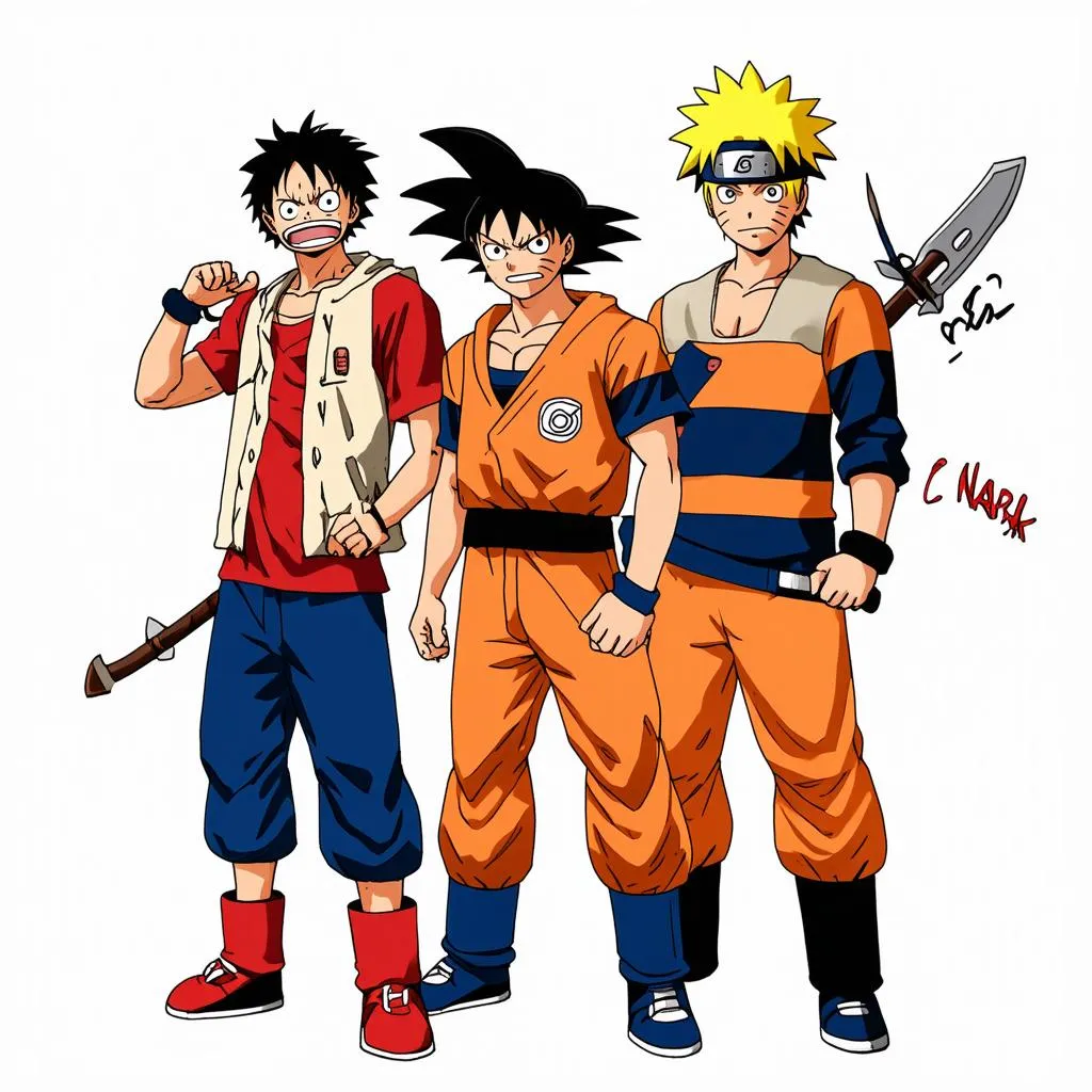 Hình ảnh minh họa về Luffy, Goku và Naruto