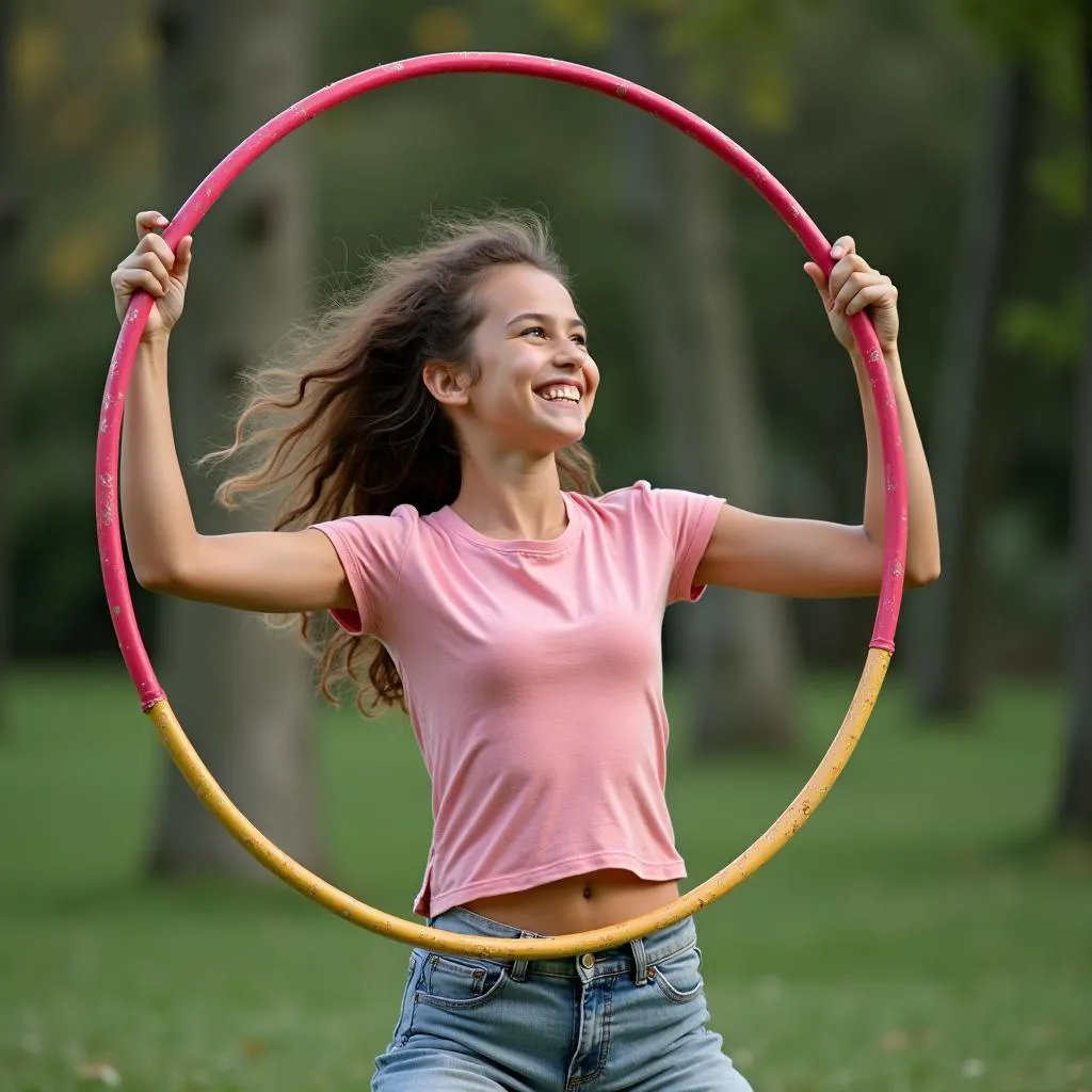 Cô gái trẻ đang thực hiện thử thách hula hoop