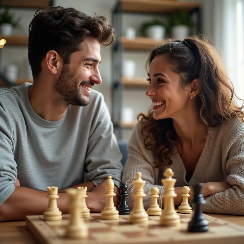 Couple playing chess and having fun