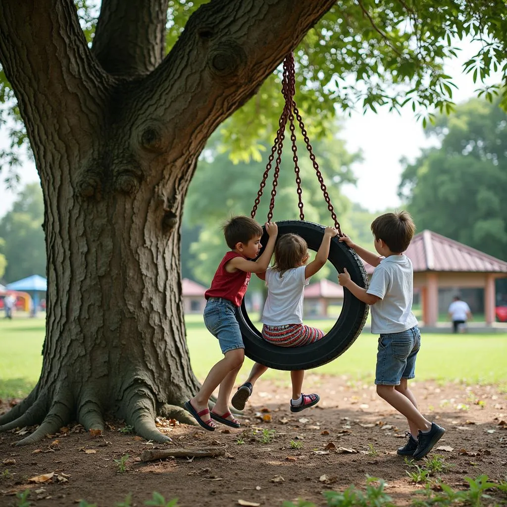 Trẻ em vui chơi trò chơi đu dây ngoài trời