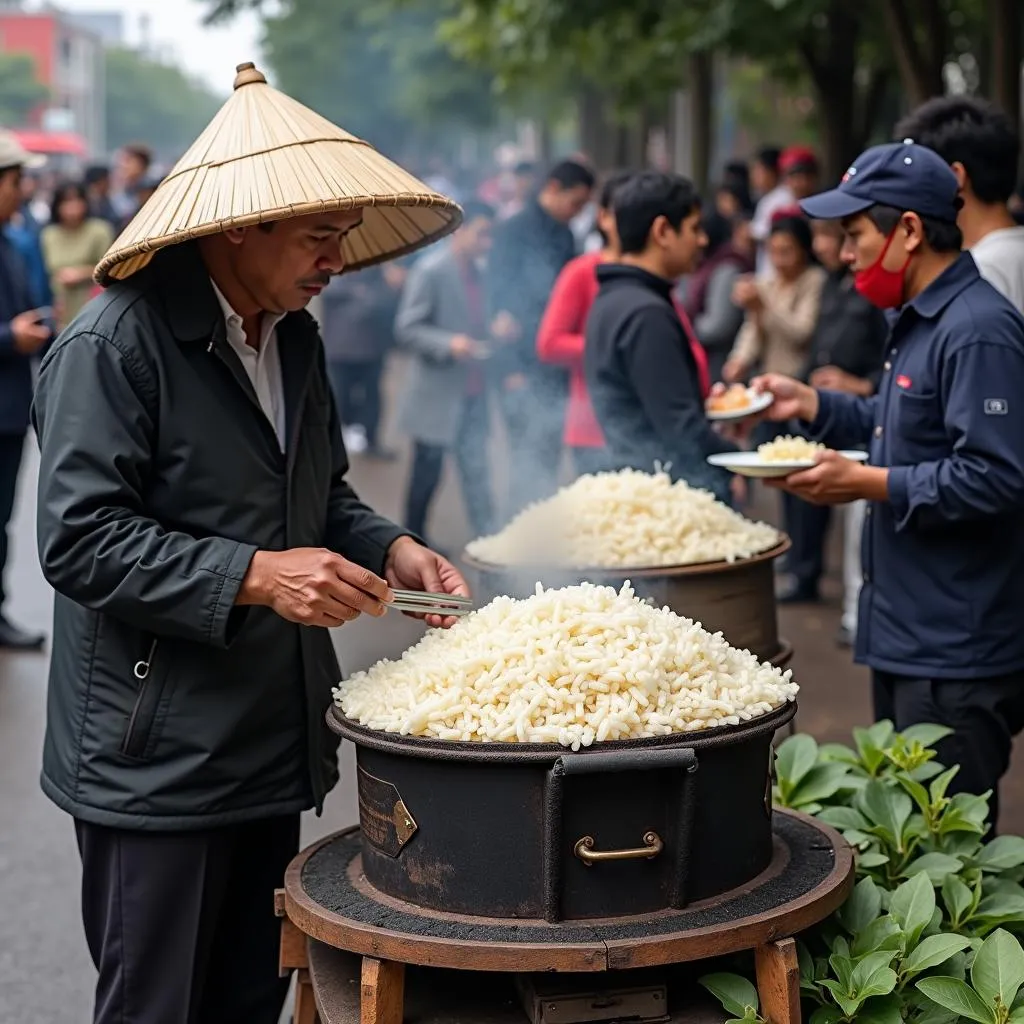 Xôi nếp than được bán bởi người bán hàng rong tại Hà Nội