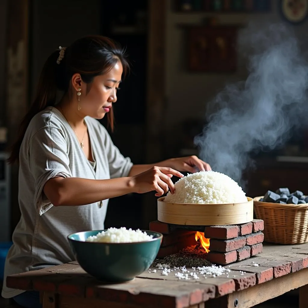 Xôi nếp than với than hồng và nếp thơm