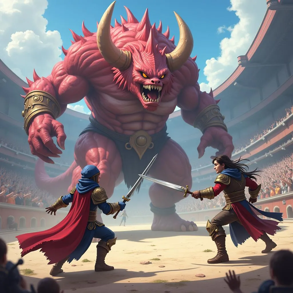 Airi and Zill fighting a giant monster in Arena of Valor